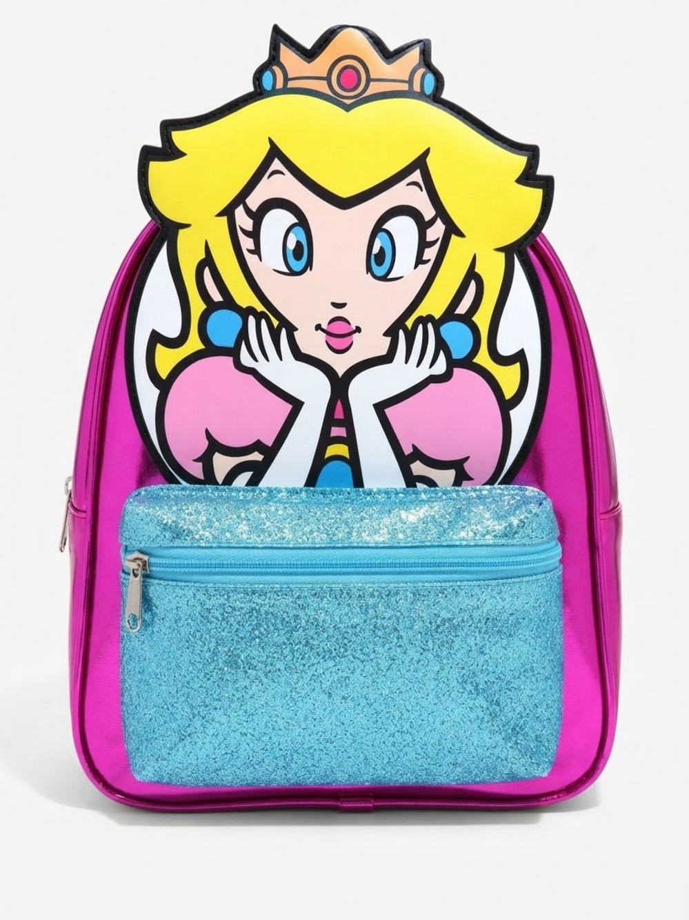 NWT Super Mario Princess Peach Metallic Pink & Blue Glitter Mini Backpack